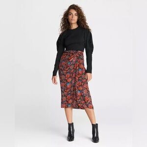 RAG & BONE Amber Silk Midi Wrap Skirt Red Black Floral Twist Tie‎ Size 2 Party